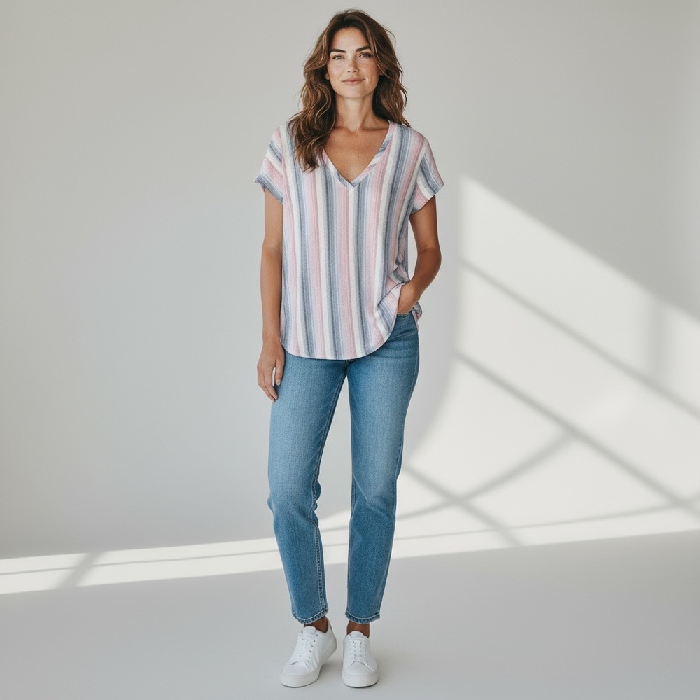 ANTHROPOLOGIE CLOTH & STONE LINEN Blend USA🇺🇸Made Striped Pullover Top SMALL‎
